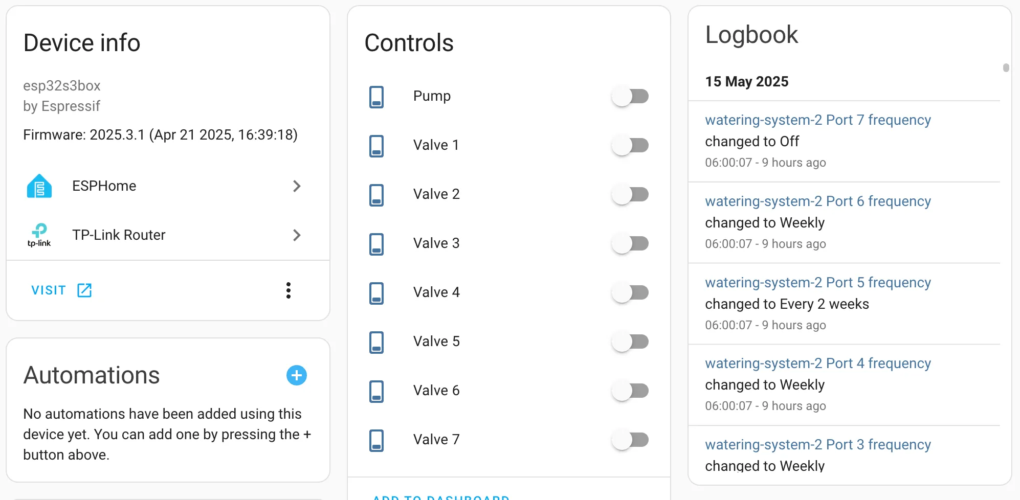 Pump and valve switches in Home Assistant